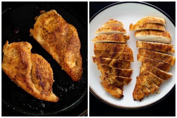 Overhead shot of seared chicken in a pan next to an image of the chicken on a plate after being sliced.