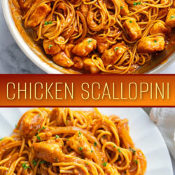 A collage of Chicken Scallopini in a skillet and on a white plate.