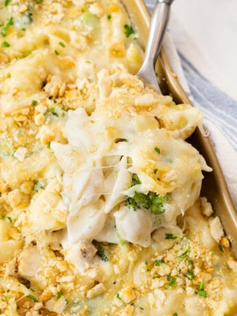 A spoon scooping up Chicken Alfredo Bake from a casserole dish.