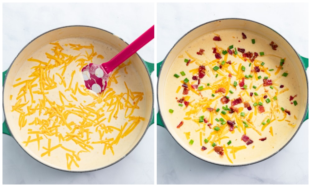 Adding cheese, bacon, and green onions to beer cheese soup.