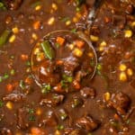 A ladle in a soup pot filled with Beef Vegetable Soup.