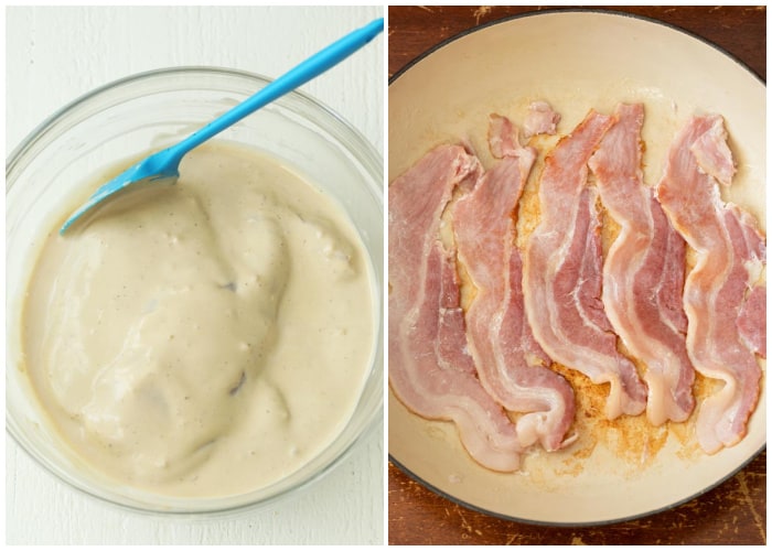 A bowl of chicken in marinade next to bacon in a frying pan that's being cooked.