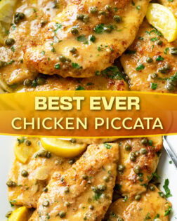 A collage of Chicken Piccata in a baking dish with sauce, capers, and lemon slices.