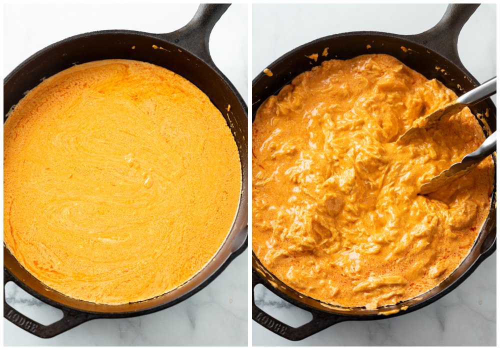Making Buffalo Chicken Dip Sauce in a cast iron skillet and adding shredded chicken.