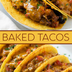 A labeled collage of Baked Tacos topped with melted cheese.