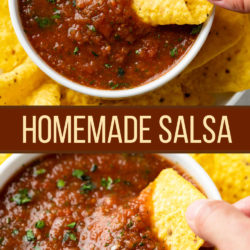 A collage of homemade salsa in a bowl with a chip being dipped into it.
