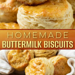 A collage of buttermilk biscuits with a label in the middle.
