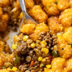 A labeled picture of Tater Tot Casserole with a spoon scooping it up.