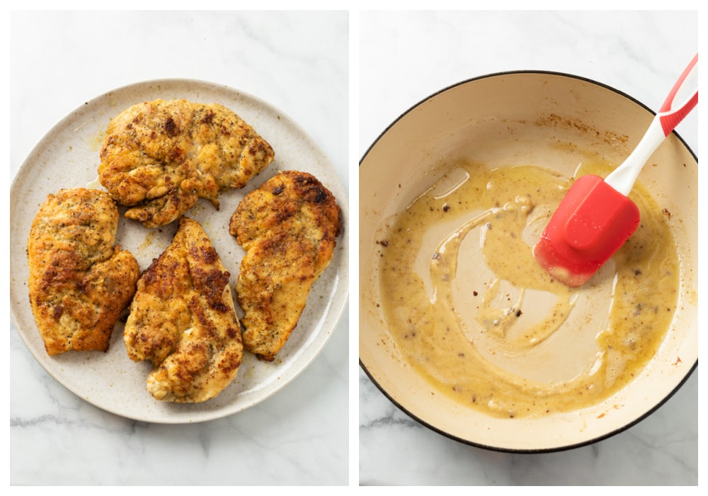 Seared and seasoned chicken on a plate next to a skillet of roux to make cheese chicken.