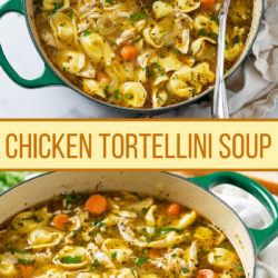 A collage of Chicken Tortellini Soup with vegetables and seasonings.