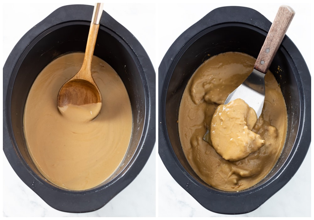 A Crock Pot with Pork Chops being added to Gravy.