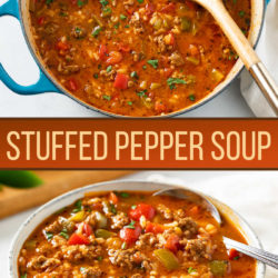 A collage of Stuffed Pepper Soup in a soup pot and in a serving bowl.