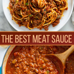 A collage of Meat Sauce on a white plate and in a pot with a wooden spoon.