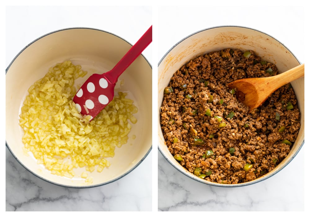 Cooking onions and ground beef in a pot to make chili.