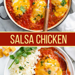 Salsa Chicken in a skillet and on a plate.
