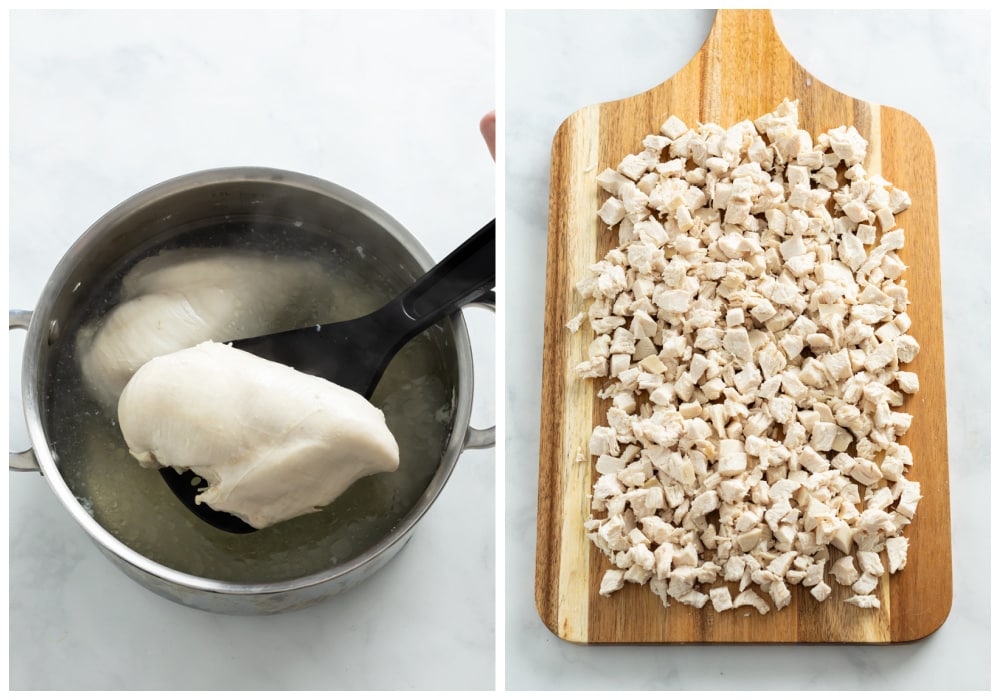 Chicken being cooked in a pot and diced up on a cutting board for chicken salad.