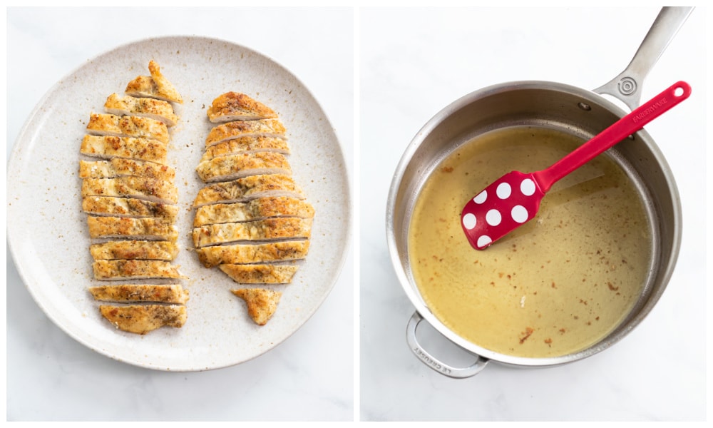 Slices of cooked chicken breast next to a skillet of white wine.