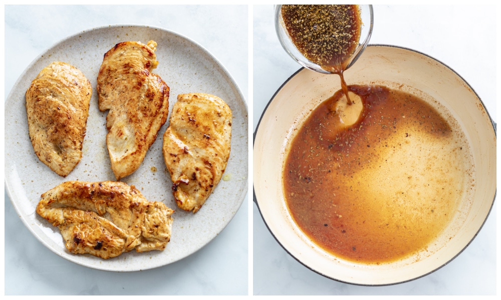 Seared chicken on a plate next to a skillet with balsamic sauce being made.