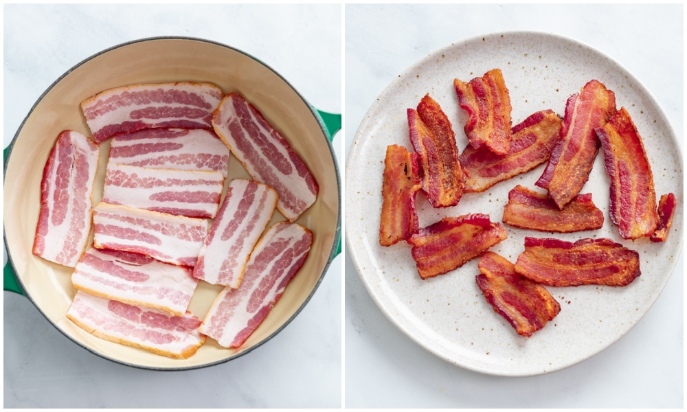 Bacon in a pot and on a plate before and after being cooked.