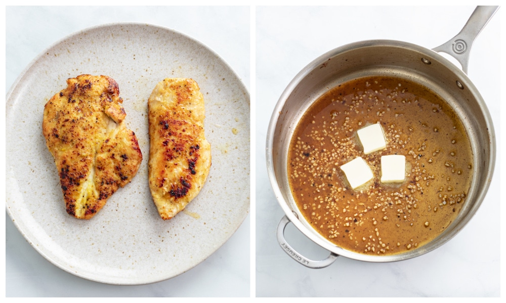 A plate of seared chicken next to a skillet with wine, garlic, and butter.