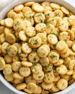 A white bowl filled with Ranch Oyster Crackers.