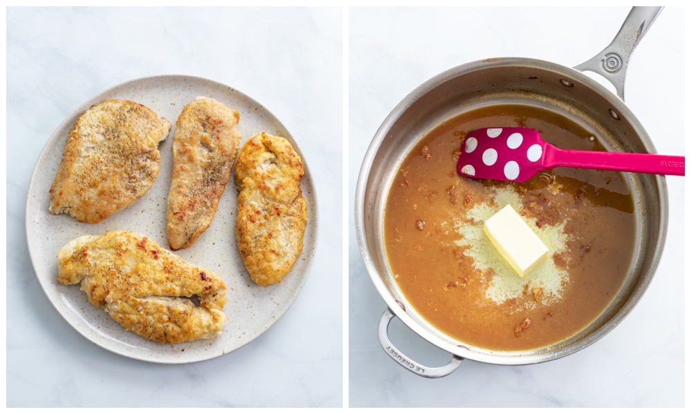 A plate of cooked chicken breasts next to a skillet with wine and melted butter.