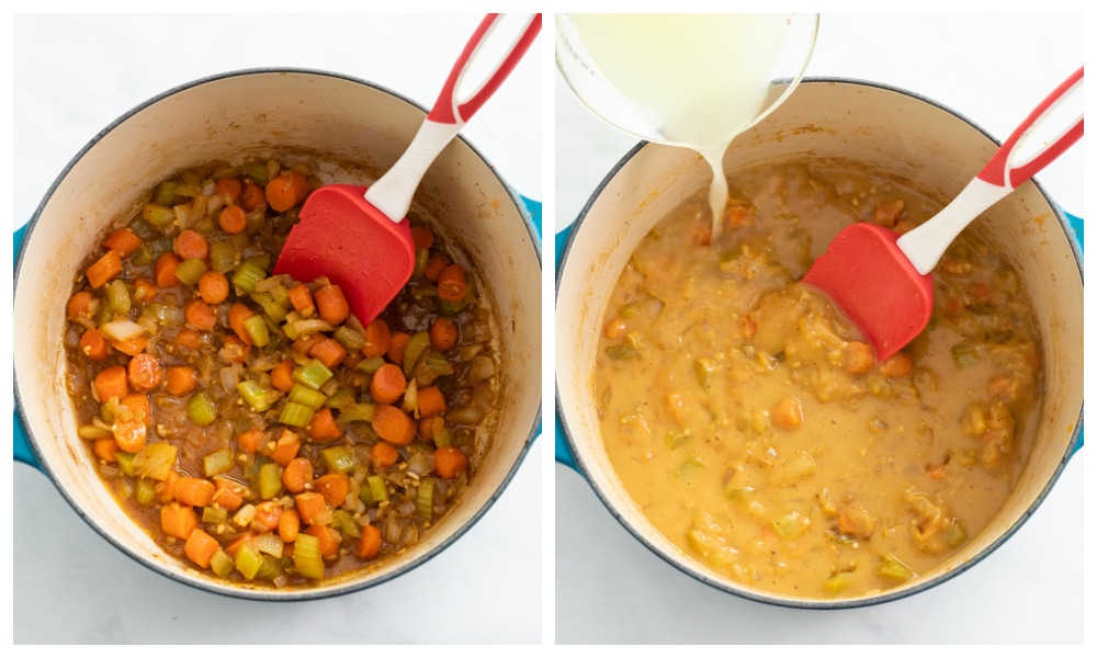 Making Cheeseburger Soup with a pot of vegetables and chicken broth.