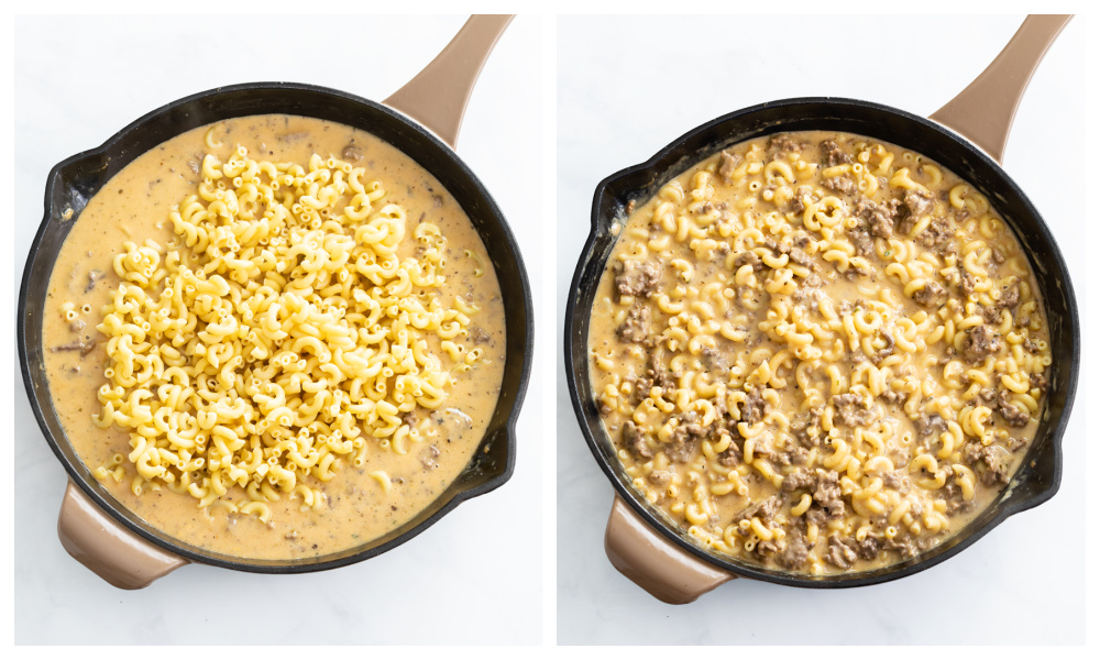 Adding macaroni to a meat sauce to make Hamburger helper.