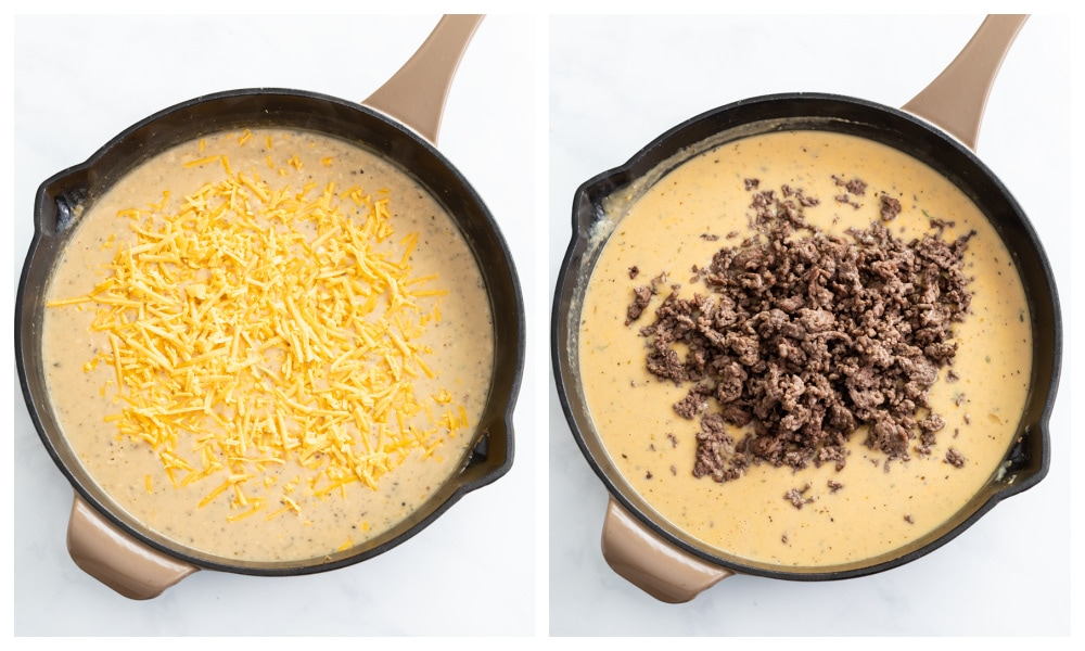 Adding shredded cheese and ground beef to a skillet of sauce to make Hamburger Helper.