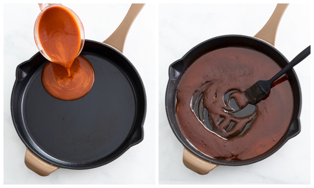 Adding firecracker sauce to a skillet for Firecracker Shrimp.