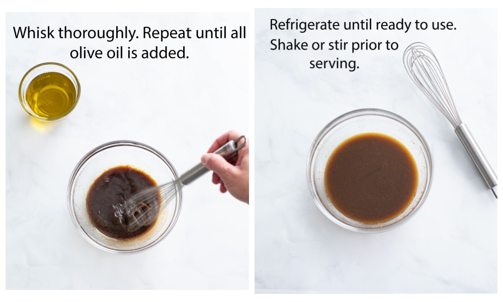 Whisking ingredients for Balsamic Vinaigrette together in a glass bowl.