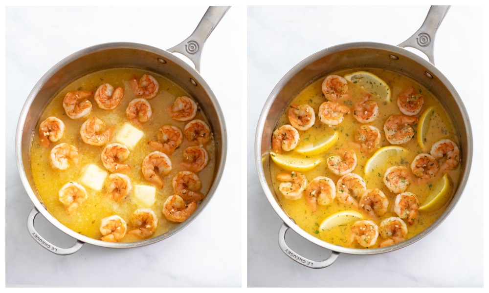 Adding butter and lemon wedges to a skillet of Garlic Butter Shrimp.