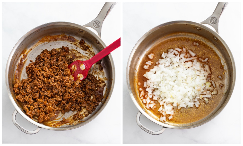 A skillet with Taco meat next to a skillet with diced onions.