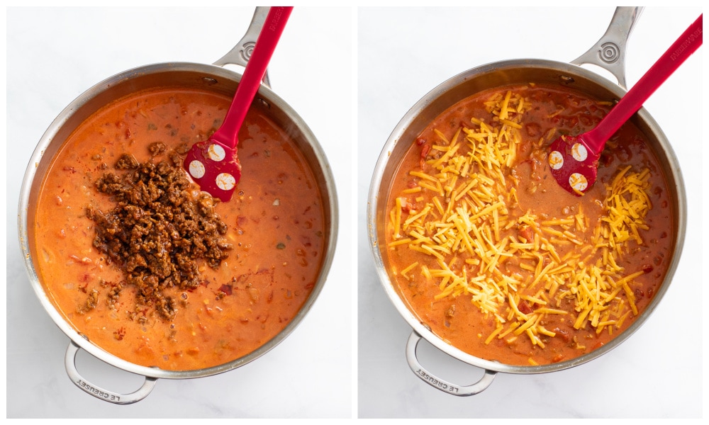 Adding Taco meat and shredded cheese to a skillet of Taco Sauce.