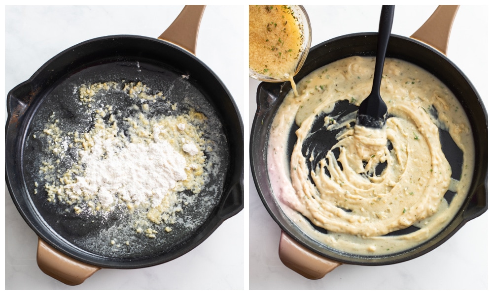 Making a roux and adding sauce to it in a skillet.