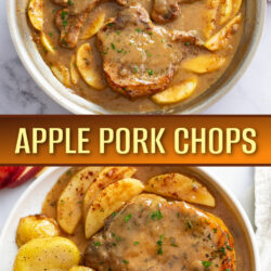 A collage of Apple Pork Chops in a skillet and on a plate.