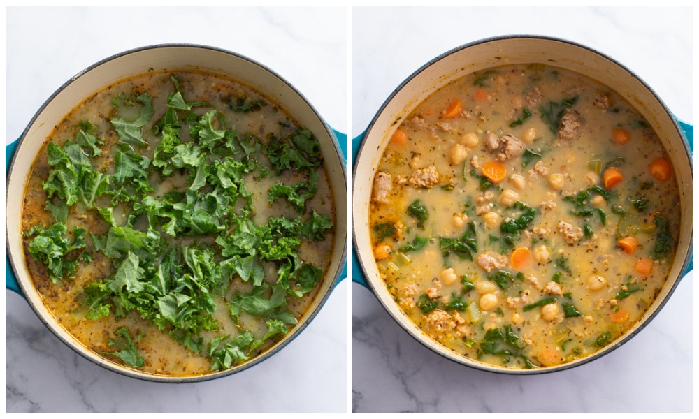 Adding kale to a pot of chickpea soup.