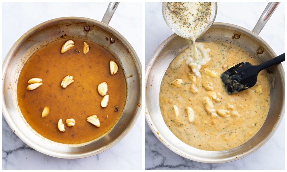 Making a lemon garlic sauce in a skillet with whole garlic cloves.