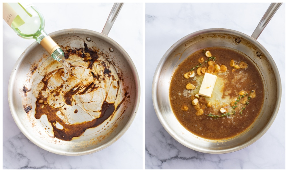A skillet being deglazed with wine next to a skillet of a garlic butter sauce.