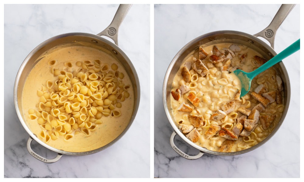 Adding small shell pasta and chicken to a cheese sauce for Chicken Mac and Cheese.
