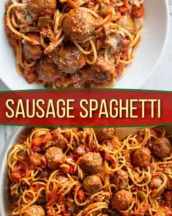 A collage of Sausage Spaghetti in a white bowl and in a skillet.