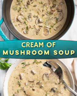 A collage of Cream of Mushroom Soup in a soup pot and in a serving bowl.