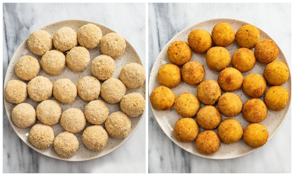 Rice Balls on a plate before and after being fried.