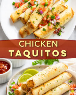 A collage of Chicken Taquitos on a plate and a white platter with various toppings around them.