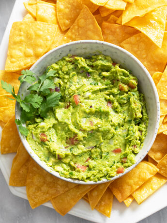 Homemade Guacamole in a bowl with fresh cilantro on the side and tortilla chips around it.