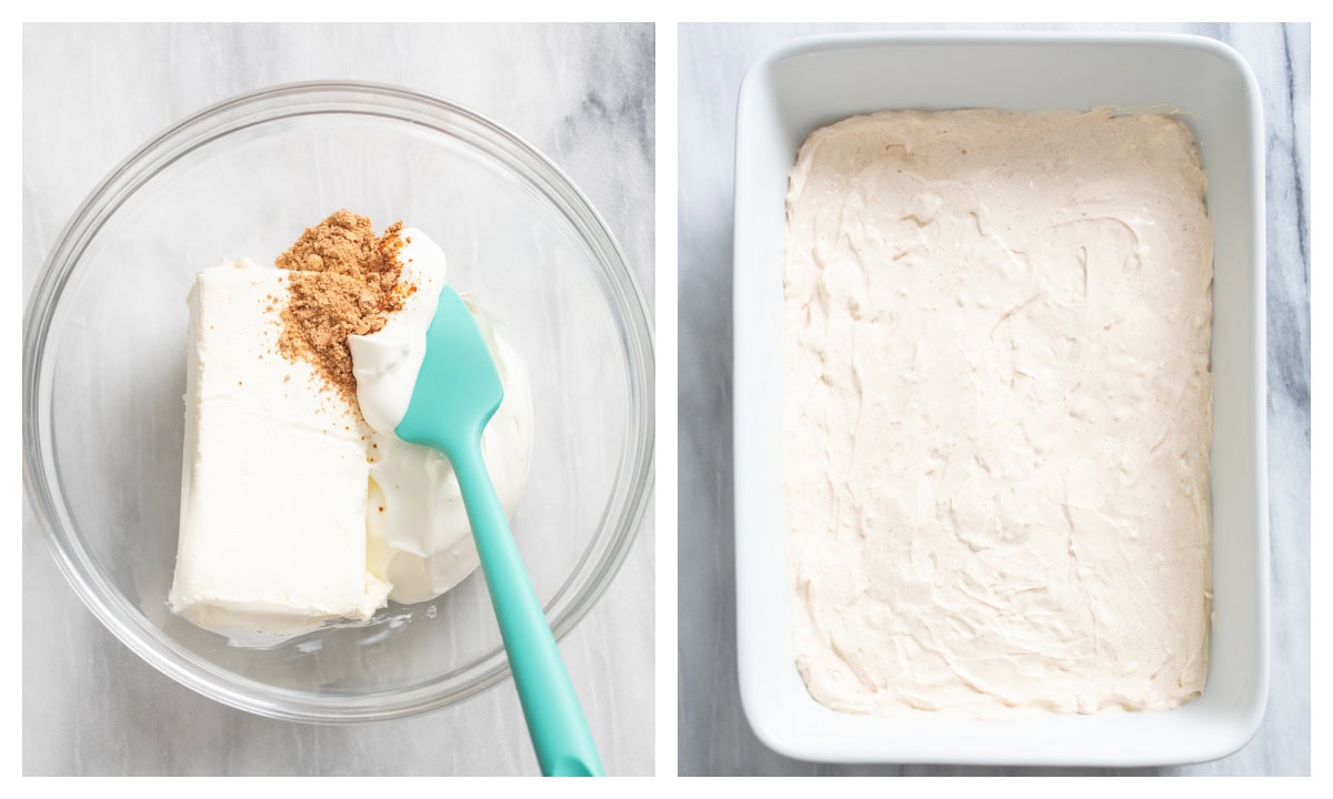 A bowl of cream cheese, sour cream, and taco seasoning next to a casserole dish of it spread out in an even layer.