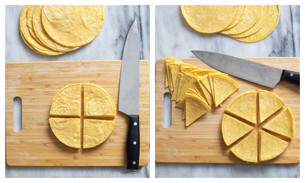 A corn tortilla cut into fourths next to a corn tortilla cut into sixths to make Homemade Tortilla Chips.