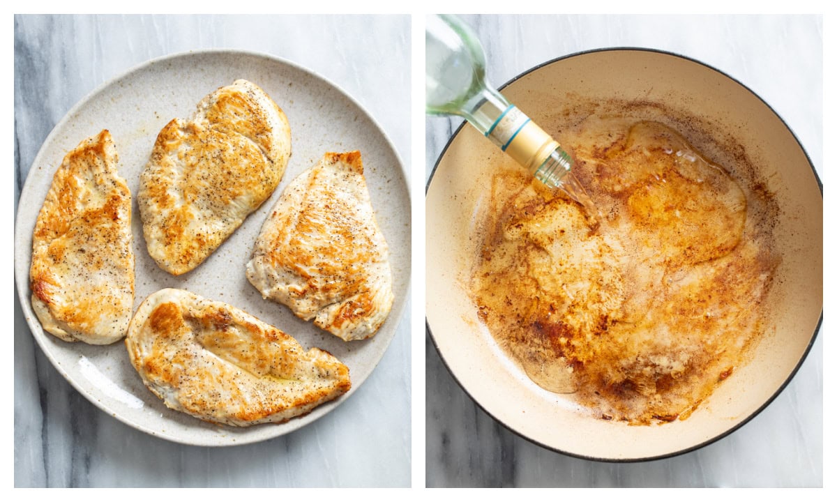 A plate of cooked chicken next to a skillet being deglazed with white wine.