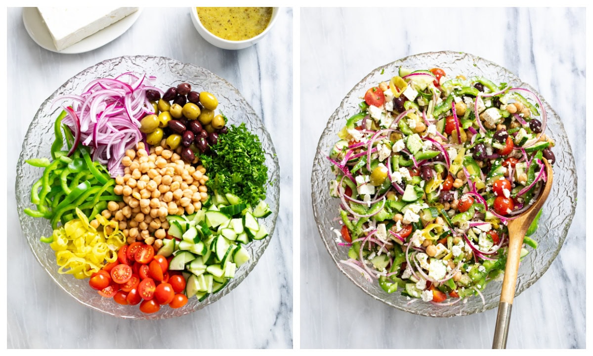 Overhead view of Greek Salad in a glass bowl before and after being mixed together.