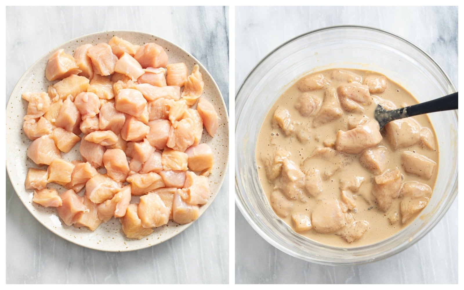 A place of cubed and uncooked chicken next to a bowl of the chicken coated in a batter in a large bowl.